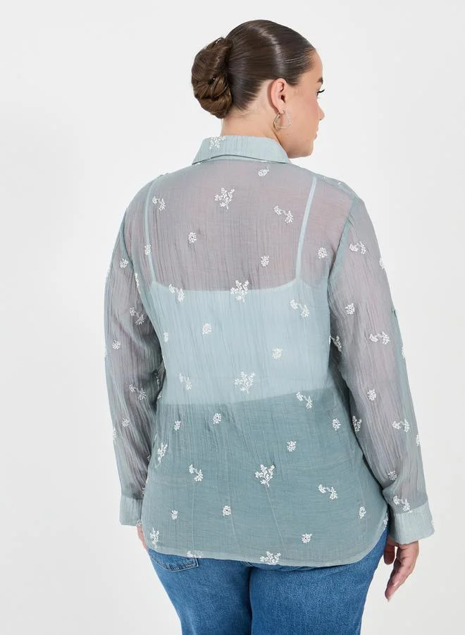 Styli Plus Size Embroidered Shirt with Roll-Up Sleeves
