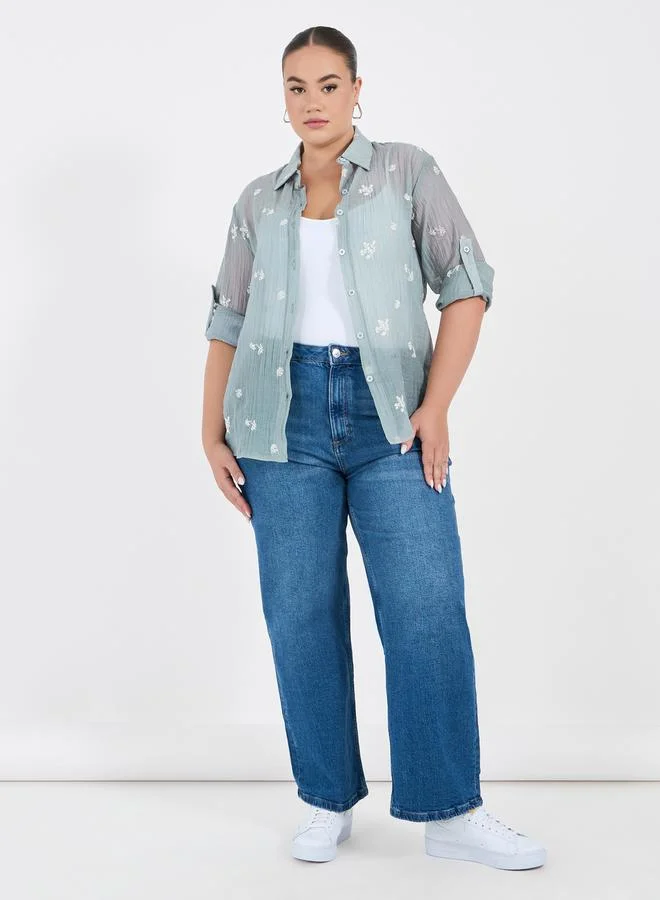 Styli Plus Size Embroidered Shirt with Roll-Up Sleeves