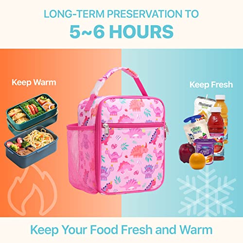 Bagseri Kids Lunch Box, Insulated Lunch Box Bag for Girls, Portable Reusable Toddler Lunch Cooler Bag for School, Water-resistant Lining（Pink & Crown Dinosaur） - Image 4