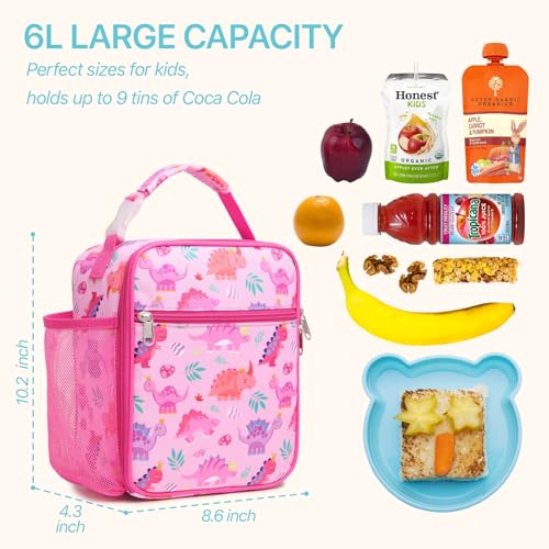 Bagseri Kids Lunch Box, Insulated Lunch Box Bag for Girls, Portable Reusable Toddler Lunch Cooler Bag for School, Water-resistant Lining（Pink & Crown Dinosaur） - Image 2
