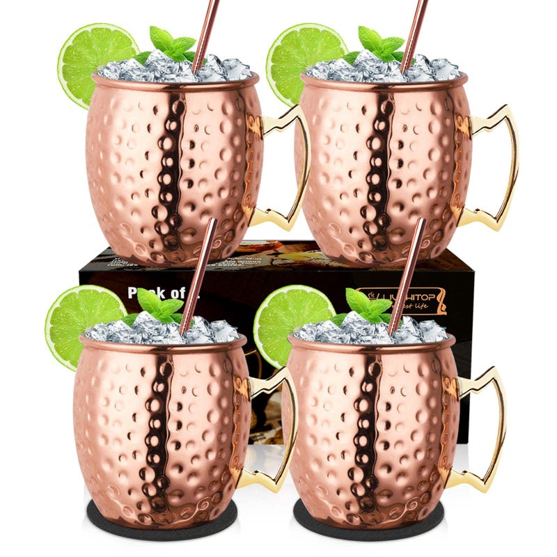 LIVEHITOP Moscow Mule Mugs Set of 4 Handcrafted Copper Cocktail Cups Kit 195 oz with Coasters for Cold Drink Wine Bar Party Hotel Gift