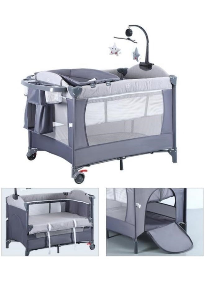 GGEROU Baby Crib,Portable Playard,Foldable Luxury Nursery Baby Center, Multi Functional Movable Bed with Removable Diaper Table, Lovely Toys, Bed Net, Portable Travel Crib with Wheels Grey  - Image 1