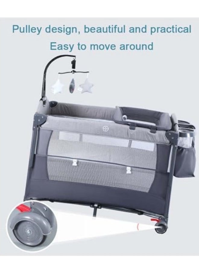 GGEROU Baby Crib,Portable Playard,Foldable Luxury Nursery Baby Center, Multi Functional Movable Bed with Removable Diaper Table, Lovely Toys, Bed Net, Portable Travel Crib with Wheels Grey  - Image 5
