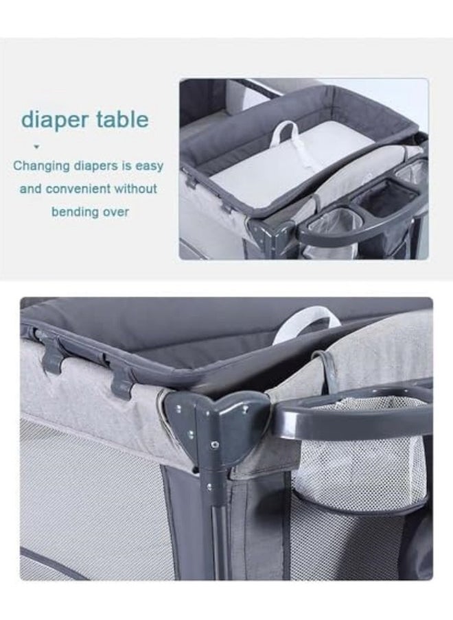 GGEROU Baby Crib,Portable Playard,Foldable Luxury Nursery Baby Center, Multi Functional Movable Bed with Removable Diaper Table, Lovely Toys, Bed Net, Portable Travel Crib with Wheels Grey  - Image 4