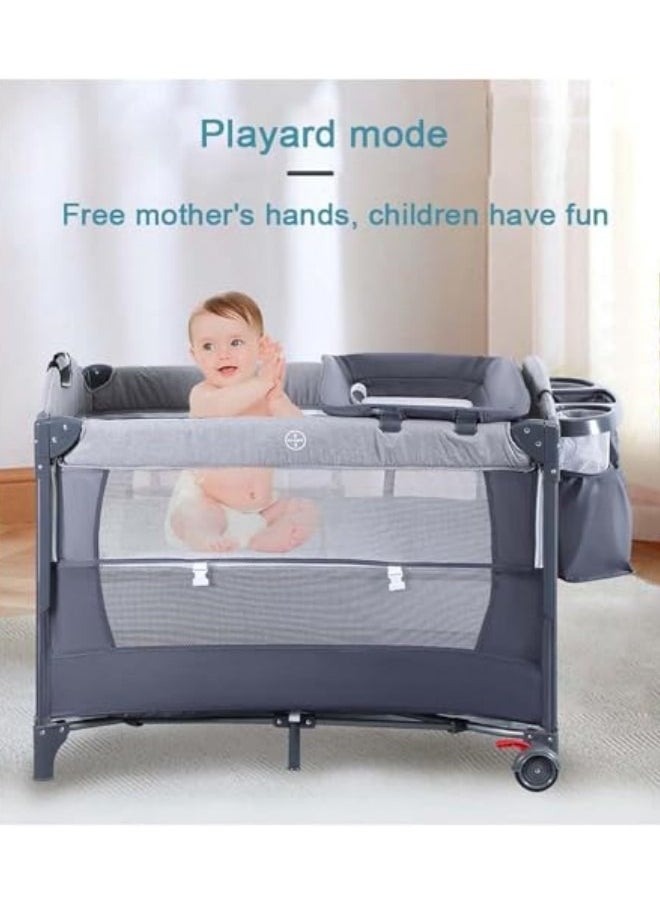 GGEROU Baby Crib,Portable Playard,Foldable Luxury Nursery Baby Center, Multi Functional Movable Bed with Removable Diaper Table, Lovely Toys, Bed Net, Portable Travel Crib with Wheels Grey  - Image 3