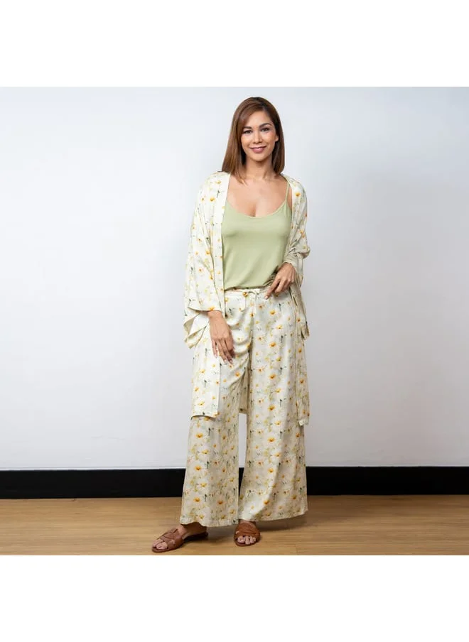Aadaraya Aadaraya Floral Print Open Front Kaftan with Wide Leg Pants and Camisole Set