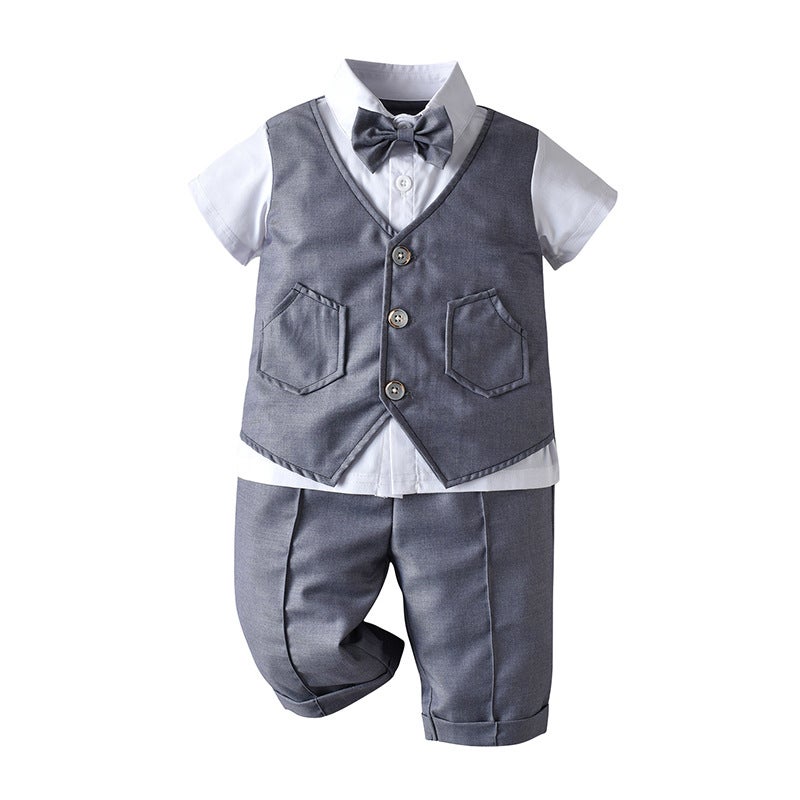 إسكدنيا Boys Summer Suit Short Sleeve Gentleman Bowtie Set Khaki - Image 4