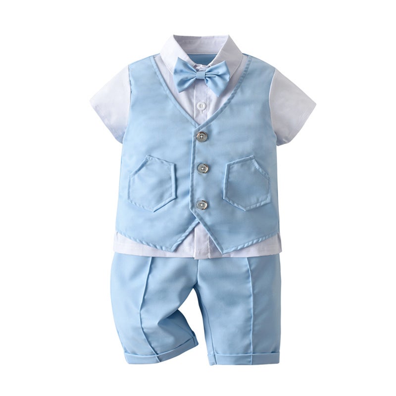 إسكدنيا Boys Summer Suit Short Sleeve Gentleman Bowtie Set Khaki - Image 3