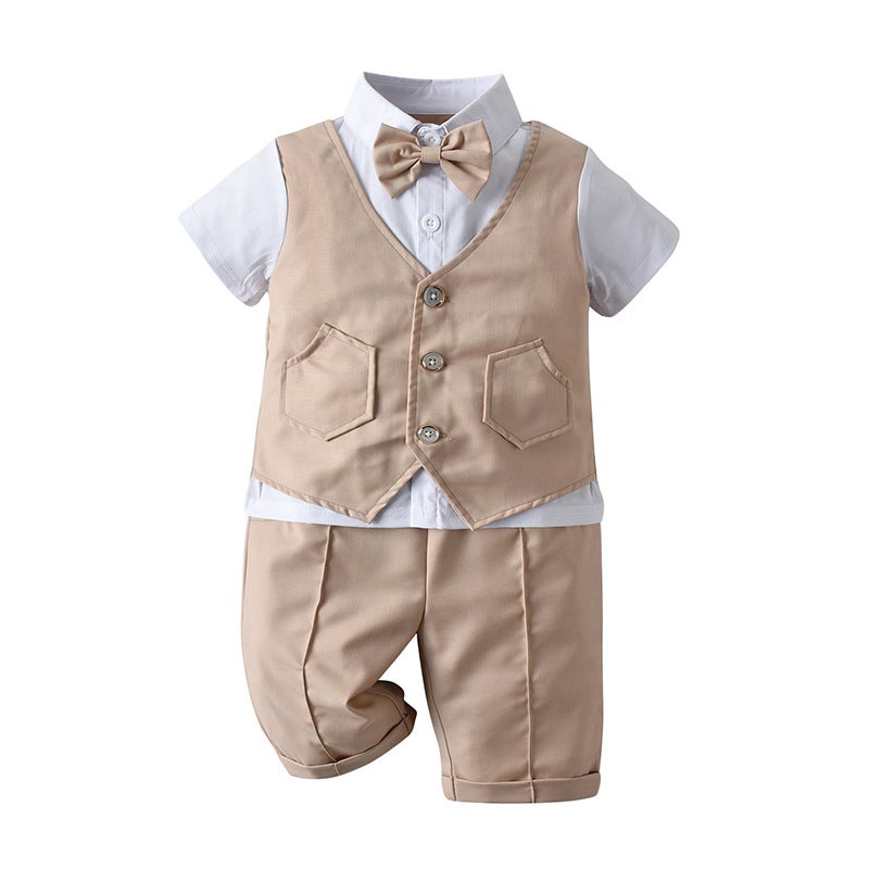 إسكدنيا Boys Summer Suit Short Sleeve Gentleman Bowtie Set Khaki - Image 1