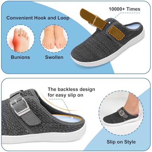 JOINFREE Wide Womens Mules Slippers Adjustable House Slipper Indoor Outdoor Lightweight Barefoot Casual Walking Shoe Comfortable Swollen Edema lymphedema Diabetic Shoe BlackGrey Size 8 - Image 5