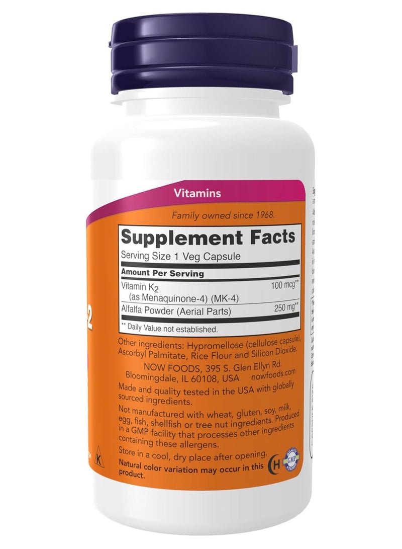 NOW Supplements, Vitamin K-2 100 mcg, Menaquinone-4 (MK-4), Supports Bone Health*, 100 Veg Capsules - Image 2