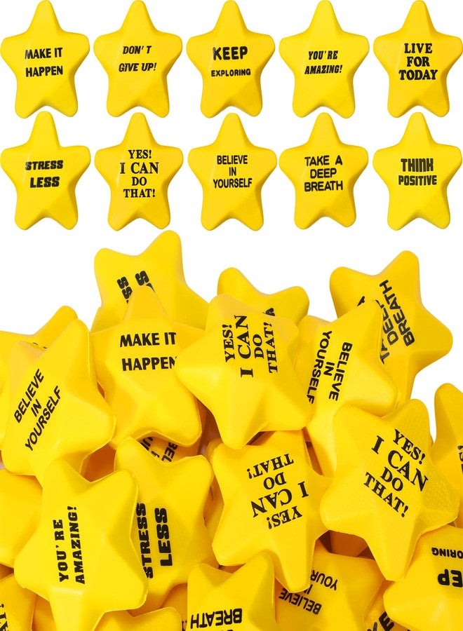 Silipull 100 Pcs Motivational Star Stress Balls Bulk Anxiety Stress Relief Balls Inspirational Mini Foam Star Toys Stuff for Adults Prizes Gifts Fidget Toys Party Supplies, Yellow (10 Style) - Image 1