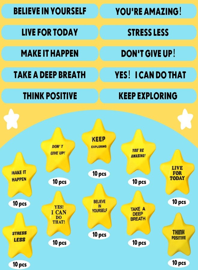 Silipull 100 Pcs Motivational Star Stress Balls Bulk Anxiety Stress Relief Balls Inspirational Mini Foam Star Toys Stuff for Adults Prizes Gifts Fidget Toys Party Supplies, Yellow (10 Style) - Image 4