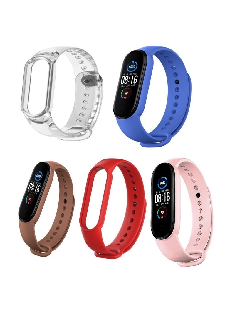 HEXABEX Band Strap for Mi Band 5 and Mi Band 6 Wristband Soft Silicone Strap (Pack of 5) (Pink Sand- Blue-Red-brown-clear)  - Image 1