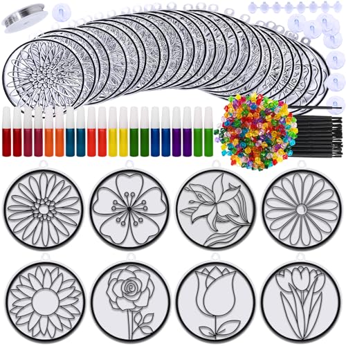 Winlyn 24 Set Spring Flower Suncatchers Ornaments Decorations DIY Window Paint Art Kit for Kids Classroom Activities Party Favors - Image 3