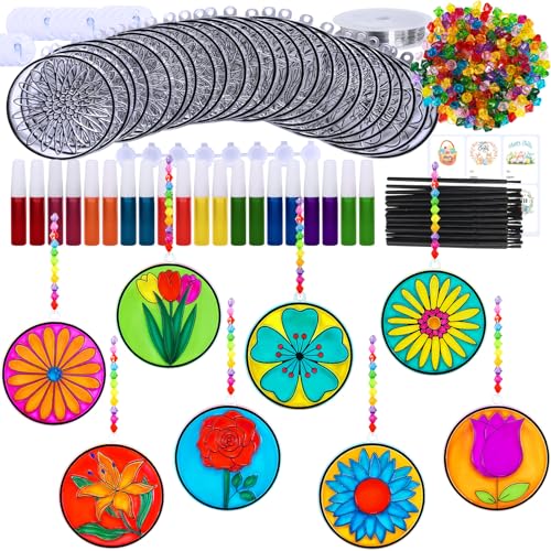Winlyn 24 Set Spring Flower Suncatchers Ornaments Decorations DIY Window Paint Art Kit for Kids Classroom Activities Party Favors - Image 1