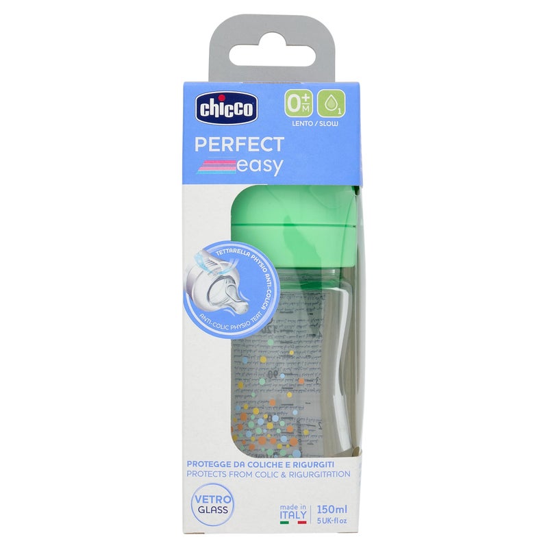 Chicco Perfect Easy Slow Flow Bottle with Soft Silicone Physio Teat and Soft Sense Finish, Anti-Colic, Reduces Belching and Irritability, 150ml Glass Bottle, 0 Months+, Neutral