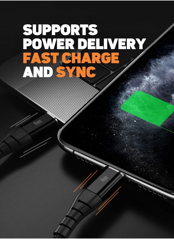 FITIT - FITIT Charging/ Data Premium braided Cable with USB Type C 3.0 to Lightning Connector( MFI Certified), Black - Image 1