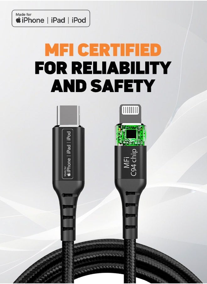 FITIT - FITIT Charging/ Data Premium braided Cable with USB Type C 3.0 to Lightning Connector( MFI Certified), Black - Image 1