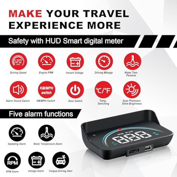 rayihni Speedometer Heads Up Display Car Hud M8 Obd Digital Speed Engine Rpm KmMph Switch Water Temperature Voltage Satellite Numbers Driving Distance MultiAlarm Etc For All Cars After 2007 - Image 4