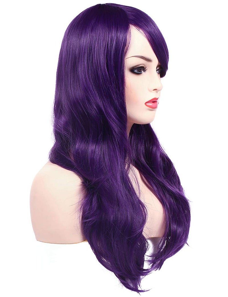 morvally 23 inches Long Wig Big Wavy Heat Resistant Synthetic Straight Hair with Bangs for Womens Cosplay Costume Halloween Party (Purple) - Image 4