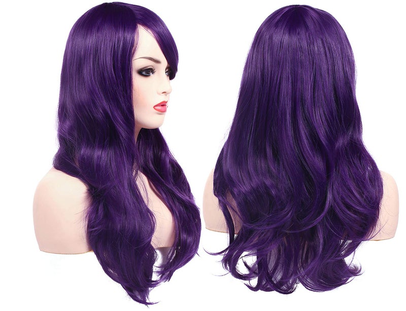 morvally 23 inches Long Wig Big Wavy Heat Resistant Synthetic Straight Hair with Bangs for Womens Cosplay Costume Halloween Party (Purple) - Image 2