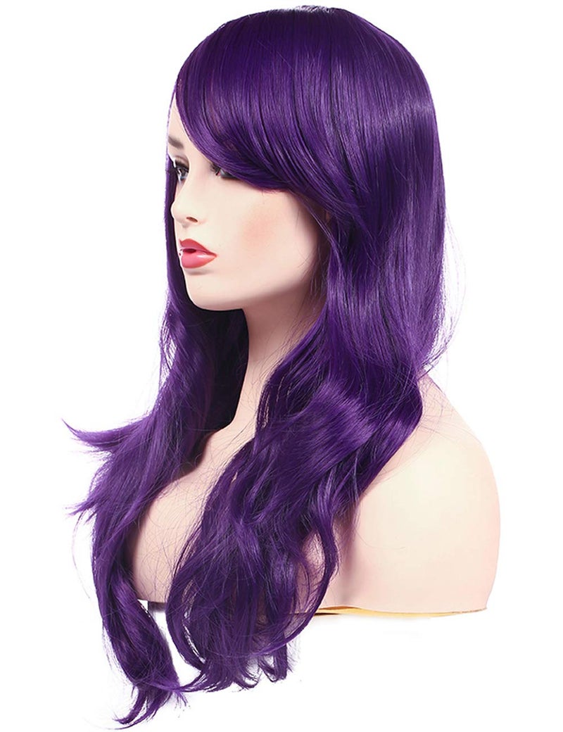 morvally 23 inches Long Wig Big Wavy Heat Resistant Synthetic Straight Hair with Bangs for Womens Cosplay Costume Halloween Party (Purple) - Image 3