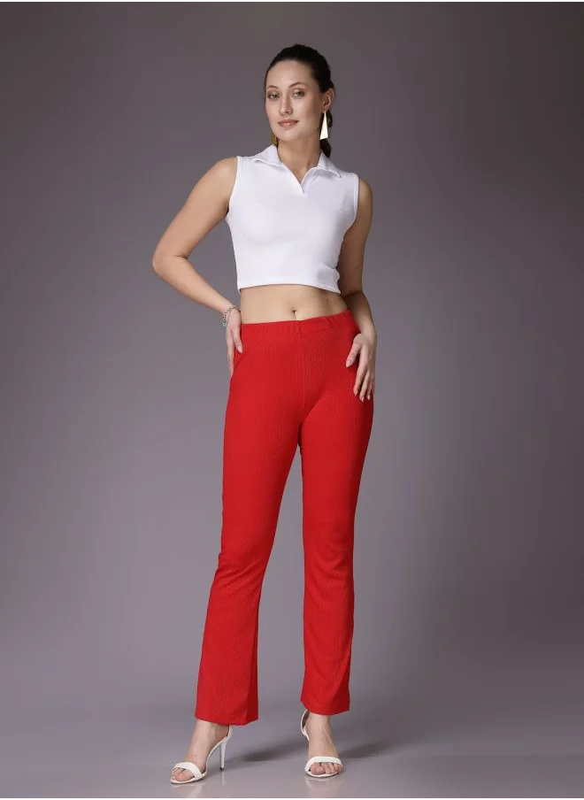 مرفوعة Women Fit and Flared Solid Mid-Rise Trousers