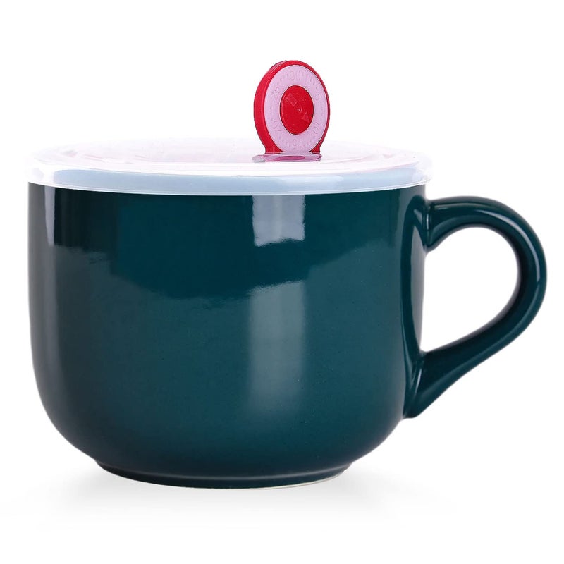 WHJY Simple Ceramic Soup Mugs with Lid, 22 oz Soup Cups with Handle, Microwave Oatmeal Bowl Coffee Mug with Lid and Handle for Milk, Tea, Fruit, Ice Cream Cereal Coffee - Dark Green - Image 1