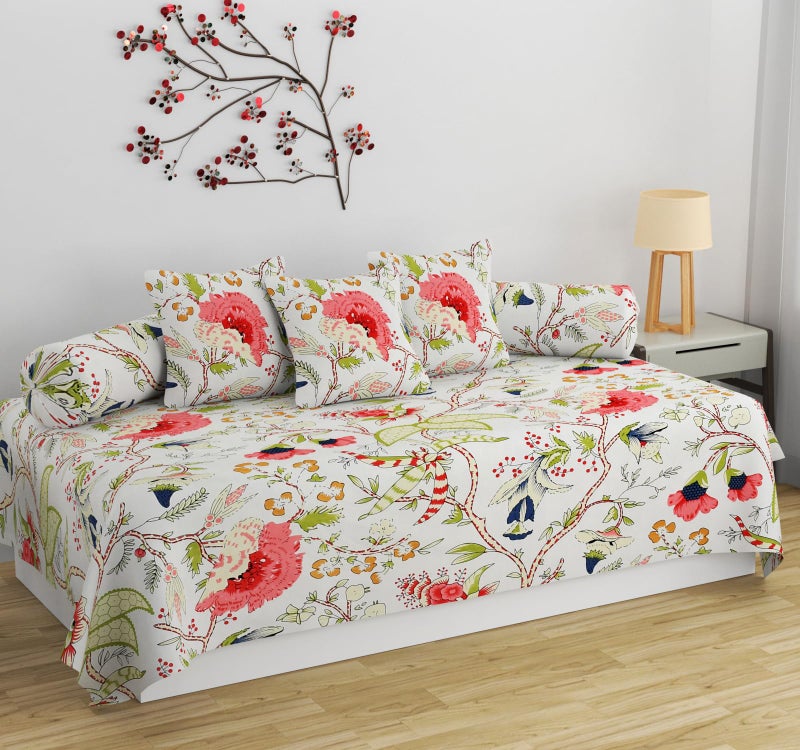 SHOMES Pure Soft Cotton Printed Diwan Set Covers 6 Pieces - 1 Single Bed Sheet (60 X 90) with 3 Cushion (16 X 16), 2 Bolster Covers (16 X 32) (S White, Medium) - Image 5