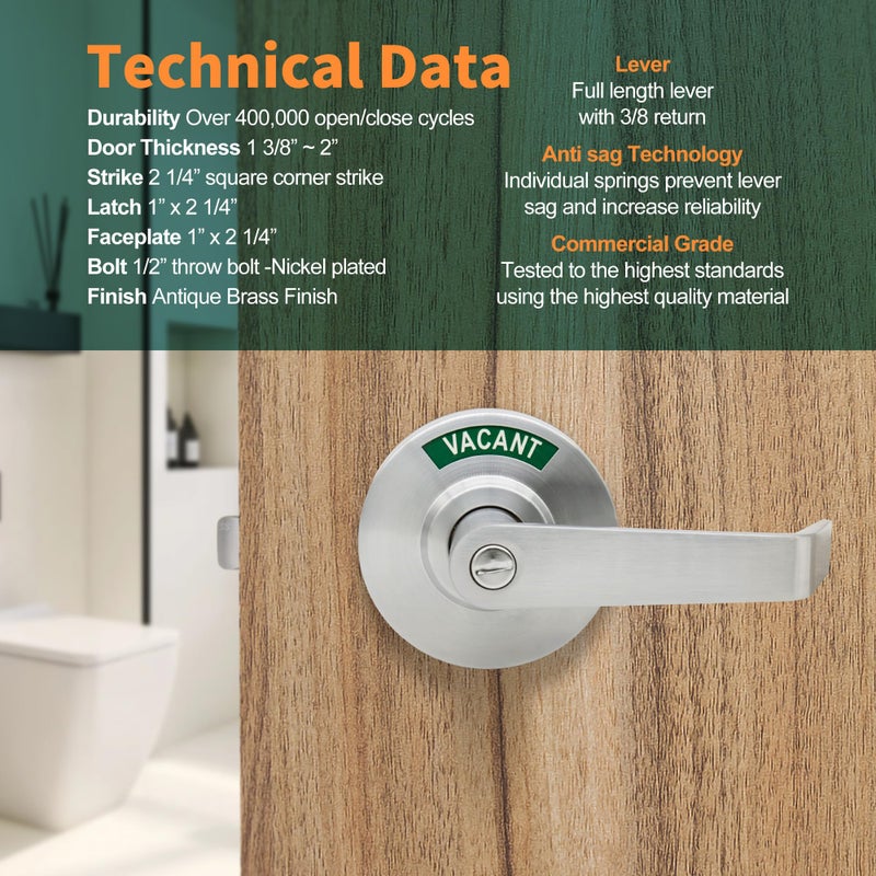 Marie Commercial Door Handle For Bathroom Privacy Vacant Occupied & Commercial Restroom Lock Durable Restroom Door Handle With In-Use & Vacant Large Indicator (Sliver) - Image 4