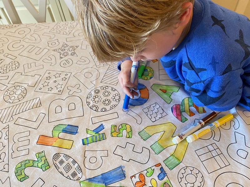 Learning Fun Design Square Tablecloth 60X60 Interactive Coloring Tablecloth for Kids PolyCotton Fabric Washable and Reusable DIY Activity for Children and Adults