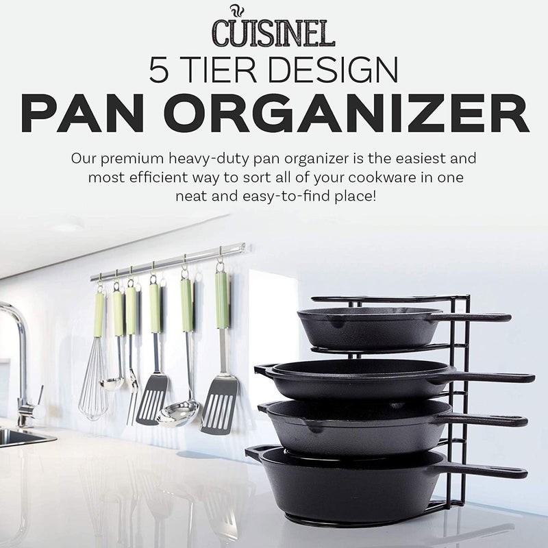 Cuisinel Heavy Duty Pots and Pans Organizer Rack - 12.2"-Inch Tall - 5 Tier Rack - Holds 50 LB - Cast Iron Skillets, Griddles, Shallow Cookware - Space Saving Kitchen Storage - No Assembly Required - Image 2