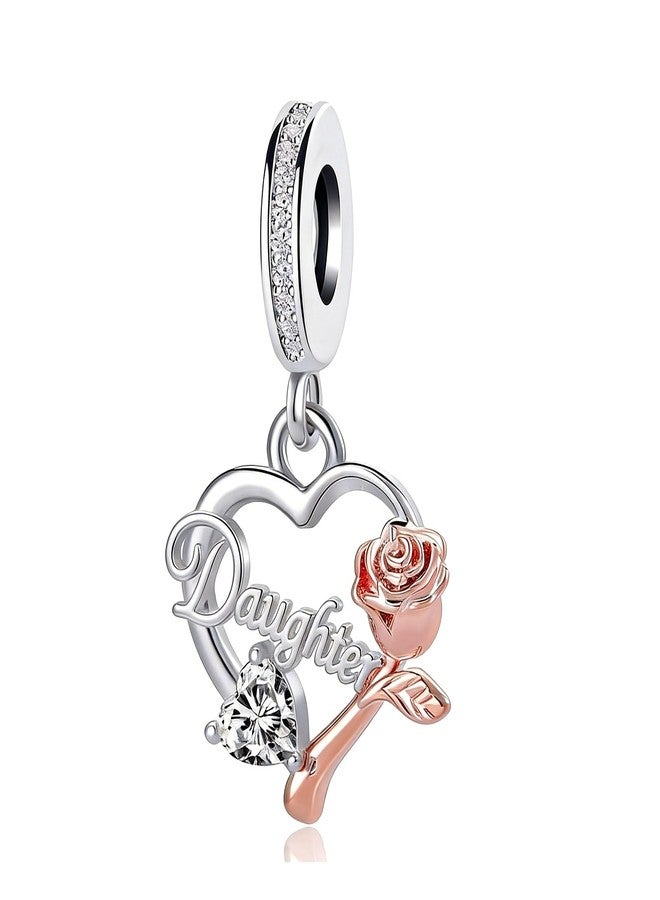 QeenseKc Daughter Heart Dangle Charm with Two-Tone Rose Flower & Cubic Zirconia Bead Compatible with Pandora Bracelets & Necklaces Women - Image 1