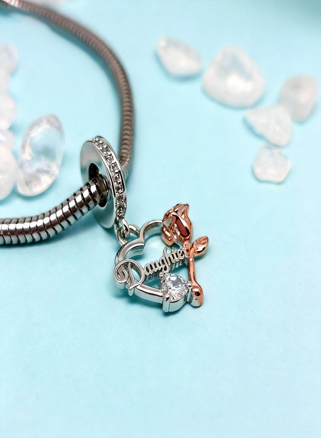 QeenseKc Daughter Heart Dangle Charm with Two-Tone Rose Flower & Cubic Zirconia Bead Compatible with Pandora Bracelets & Necklaces Women - Image 2