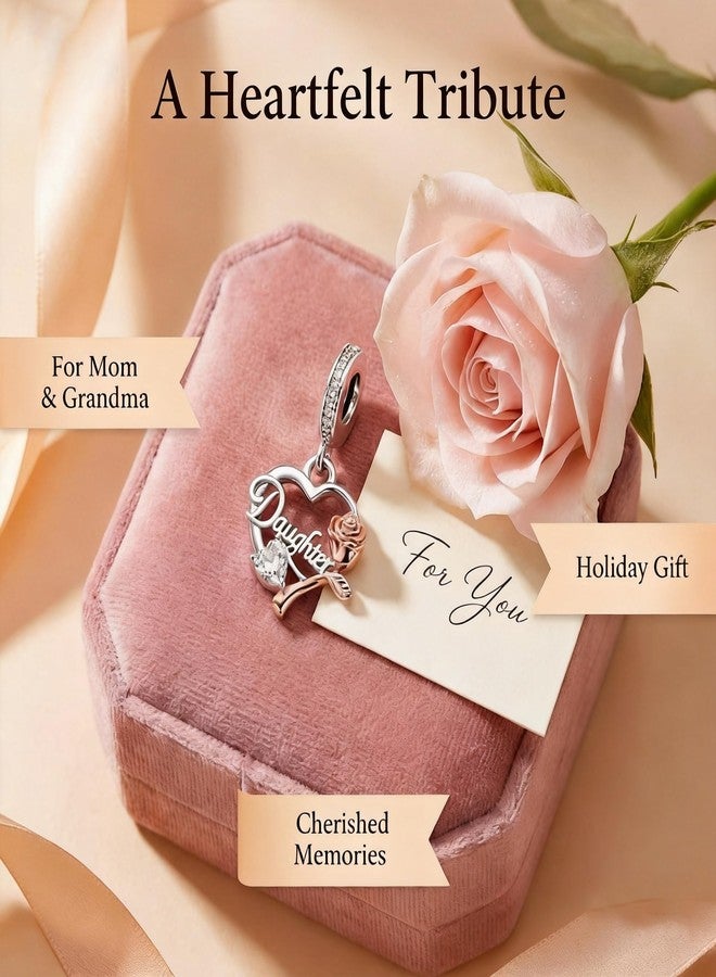 QeenseKc Daughter Heart Dangle Charm with Two-Tone Rose Flower & Cubic Zirconia Bead Compatible with Pandora Bracelets & Necklaces Women - Image 5