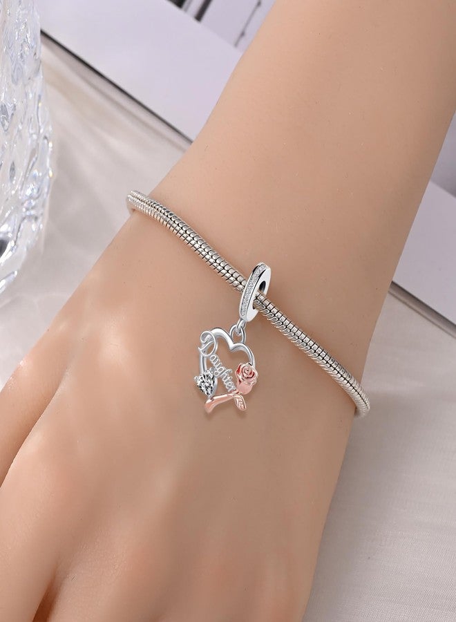 QeenseKc Daughter Heart Dangle Charm with Two-Tone Rose Flower & Cubic Zirconia Bead Compatible with Pandora Bracelets & Necklaces Women - Image 3
