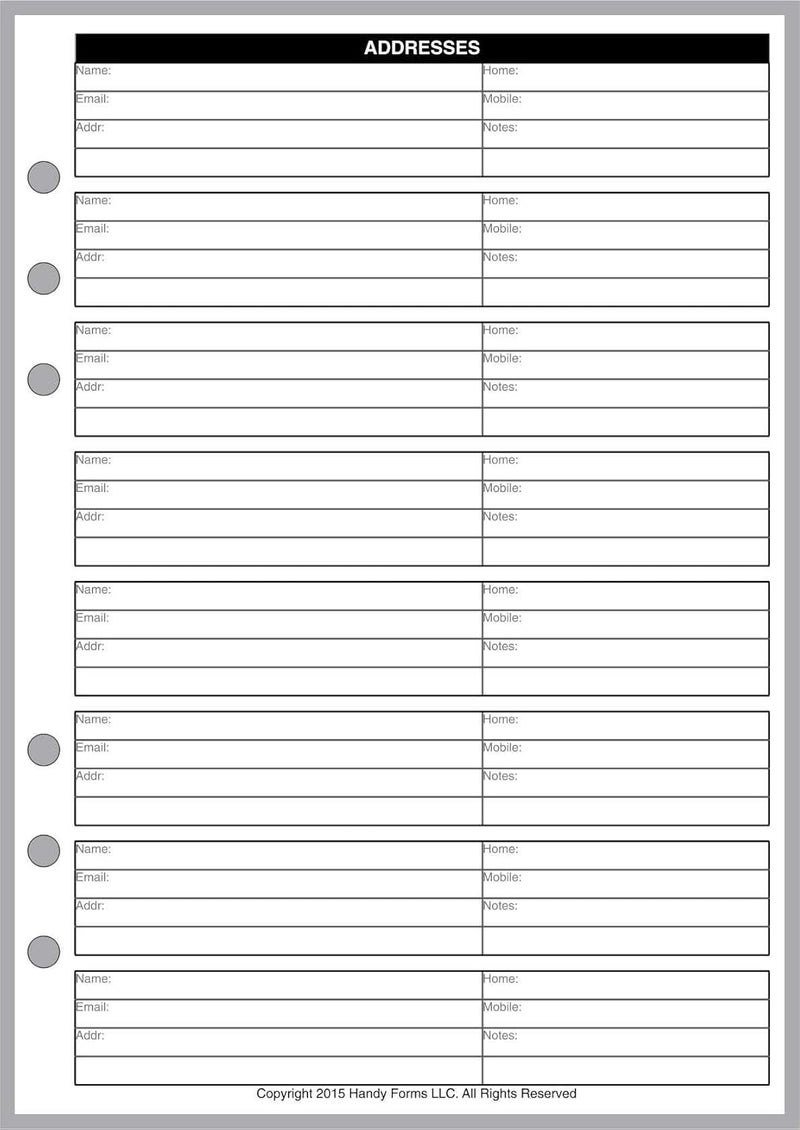 Handy Forms A5 Size Name & Address Refill, Sized and Punched for 6-Ring A5 Notebooks by Filofax, TMI, and others. Sheet Size 5.83"x8.27" (148mmx210mm). PLEASE CHECK YOUR BINDER TO BE SURE THIS WILL FIT. - Image 1