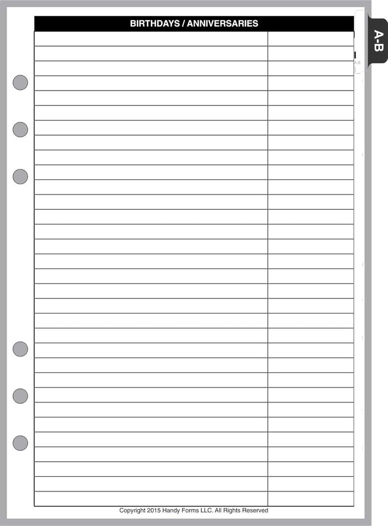 Handy Forms A5 Size Name & Address Refill, Sized and Punched for 6-Ring A5 Notebooks by Filofax, TMI, and others. Sheet Size 5.83"x8.27" (148mmx210mm). PLEASE CHECK YOUR BINDER TO BE SURE THIS WILL FIT. - Image 2