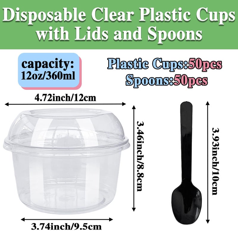 Alaeseje 50 Pack 12 oz Disposable Clear Plastic Cups PET Dessert Cups with Lids and Spoons Disposable Snack Bowls for Cupcake Pudding Snacks Yogurt ParfaitFruits Mousse - Image 2