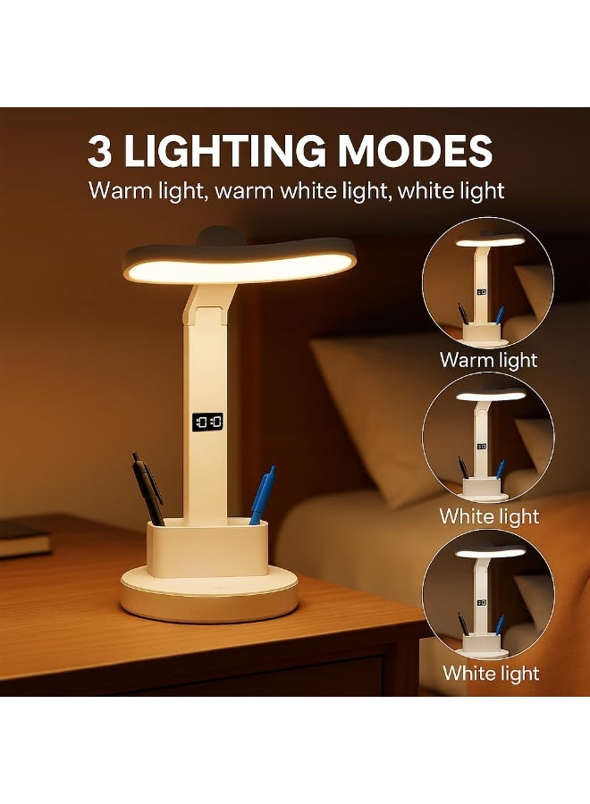 مصباح مكتب LED بقاعدة شحن Type-C | مصباح طاولة تحكم باللمس 3 ألوان | إضاءة حماية العين مع تعتيم | مصباح قراءة بجانب السرير مع حامل جوال وشاشة LCD وساعة رقمية - Image 3