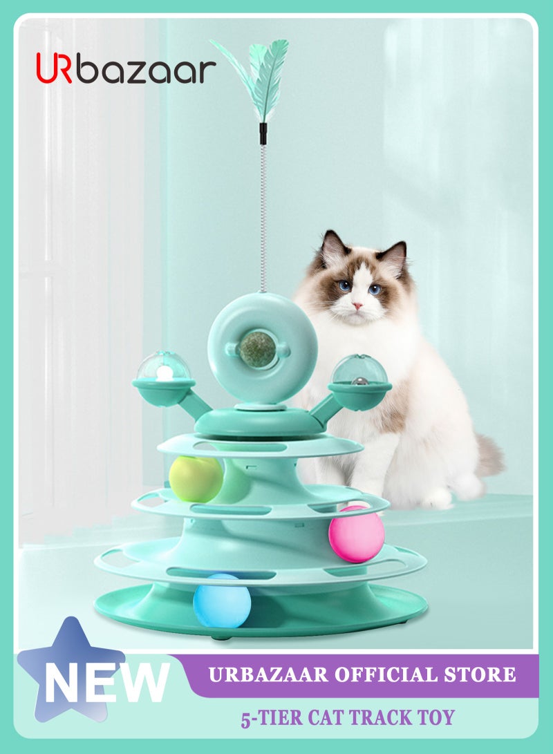 URbazaar Interactive Cat Toy for Indoor Cats,5-Level Turntable Cat Toy Balls with 4 Colorful Balls 1 Catnip,Circular Track Cat Roller Toy with Cat Feather Wand,Suitable for Kittens Hunting/Chasing/Exercising (Green) - Image 1