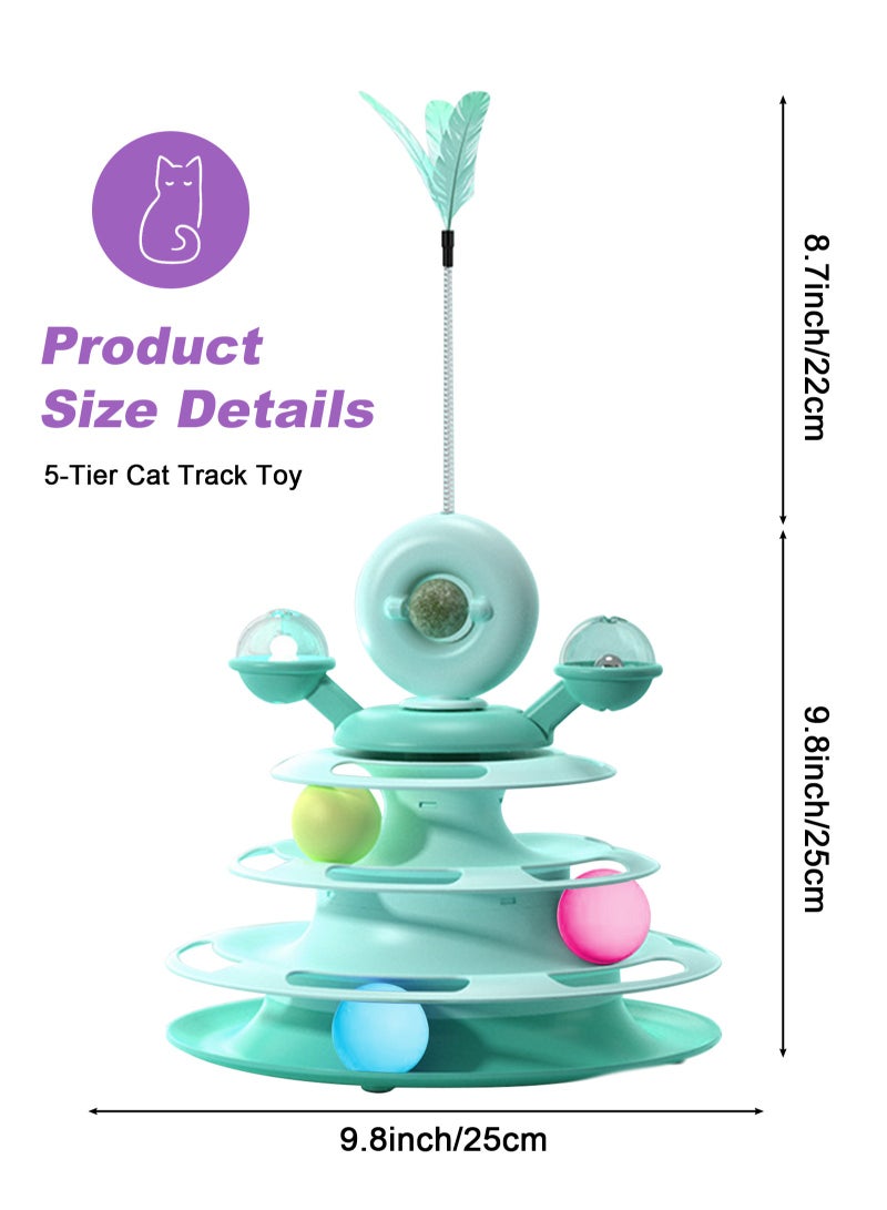 URbazaar Interactive Cat Toy for Indoor Cats,5-Level Turntable Cat Toy Balls with 4 Colorful Balls 1 Catnip,Circular Track Cat Roller Toy with Cat Feather Wand,Suitable for Kittens Hunting/Chasing/Exercising (Green) - Image 2