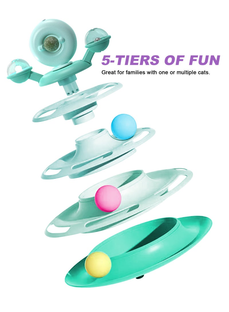 URbazaar Interactive Cat Toy for Indoor Cats,5-Level Turntable Cat Toy Balls with 4 Colorful Balls 1 Catnip,Circular Track Cat Roller Toy with Cat Feather Wand,Suitable for Kittens Hunting/Chasing/Exercising (Green) - Image 4