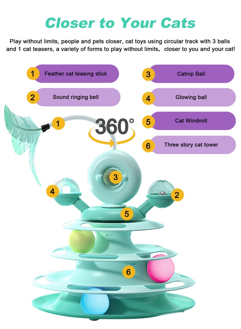 URbazaar Interactive Cat Toy for Indoor Cats,5-Level Turntable Cat Toy Balls with 4 Colorful Balls 1 Catnip,Circular Track Cat Roller Toy with Cat Feather Wand,Suitable for Kittens Hunting/Chasing/Exercising (Green) - Image 5