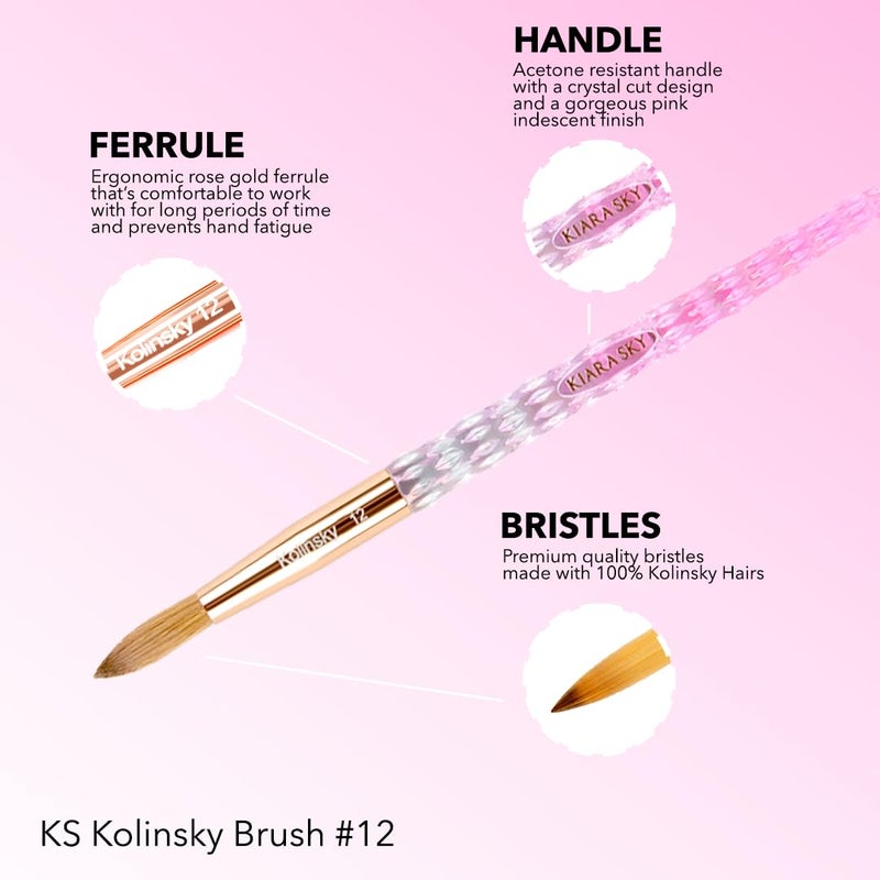 Kiara Sky Pink Crystal Acrylic Nail Brush - Professional Nail Cleaner Tool - Nail Kolinsky Brush for Women - 100% Kolinksy Hand Crafted Nail Tools - Long Lasting Nail Cleaning Brush, #12 - Image 3
