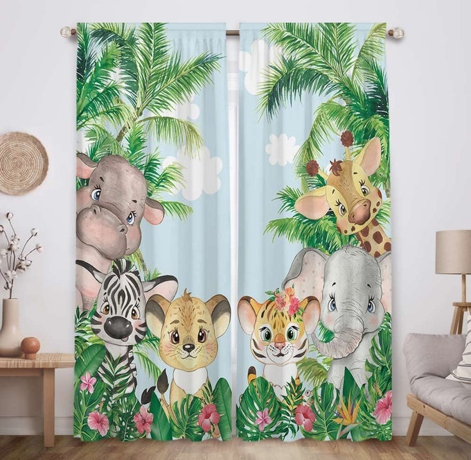 SAFARI ANIMALS WINDOW CURTAIN CARTOON JUNGLE FOREST PRINT CURTAINS HOME DECOR ROD POCKET DARKENING DRAPES FOR BABY CHILDREN BEDROOM LIVING ROOM 82 IN X 84 IN