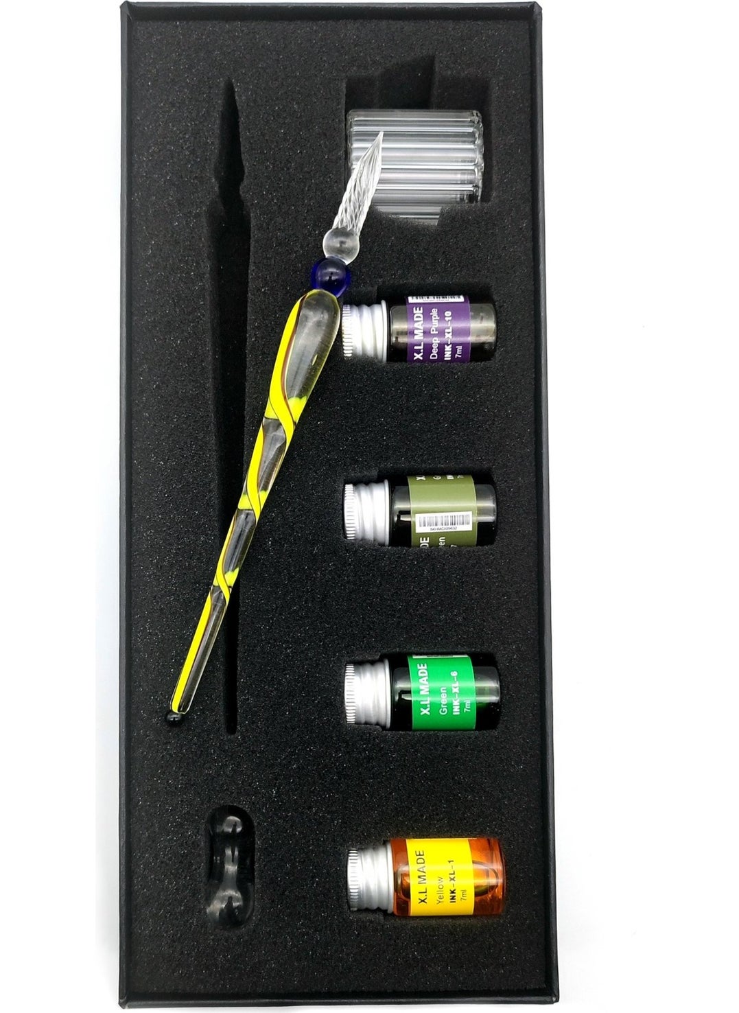 Valkyrie Handmade Glass Fountain Pen Calligraphy Inkwell Set 4 Inks Wavy Patterned Glass Pen  - Image 1