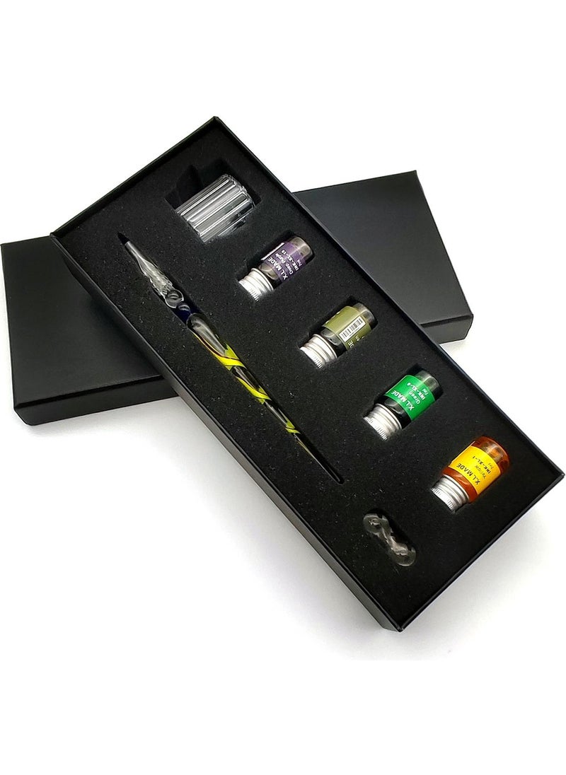 Valkyrie Handmade Glass Fountain Pen Calligraphy Inkwell Set 4 Inks Wavy Patterned Glass Pen  - Image 4