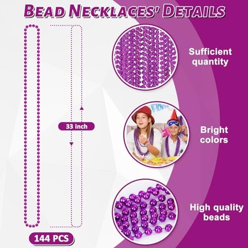 EOBOH 144PCS Mardi Gras Beads Purple Bead Necklace Party Favors 33 Beaded Necklace Costume Bulk Festival Parade Throw Accessories for Halloween Mardi Gras Wedding Birthday Celebrations Decorations - Image 5